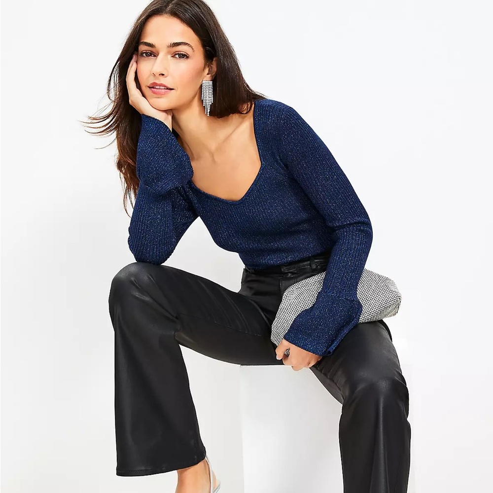 SALE!! NWT  Loft Shimmer Ribbed Sweetheart Neck Flare Cuff Sweater Navy Size S - Picture 2 of 7